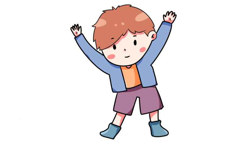小男孩简笔画(画出小男孩的身体、双腿和举起的双手)