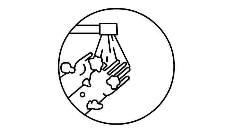 防疫勤洗手简笔画(先画出一个圆;接着画出水龙头和沾着泡沫正在清洗的双手)