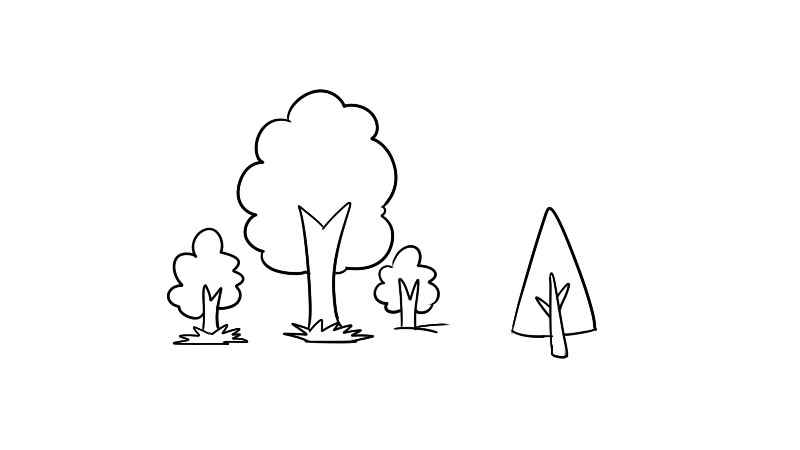 森林简笔画(画出一棵大树和两堆草。)