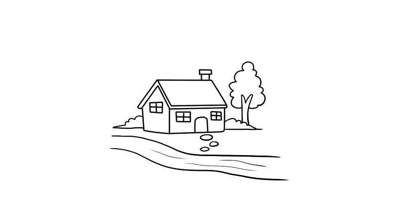 场景画简笔画画法(画一座房子;然后画一棵大树、一条路和草丛)