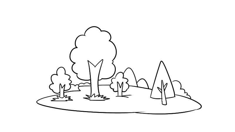 森林简笔画(画出一棵大树和两堆草。)