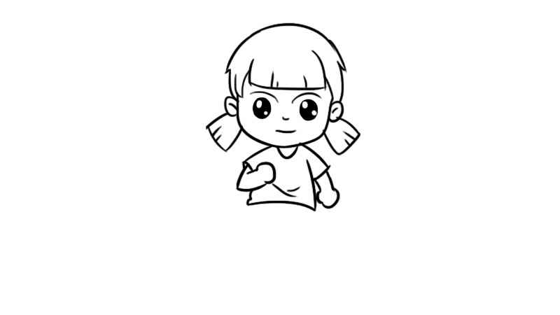 跑步简笔画(先画出小女孩的头部和两个小辫子)
