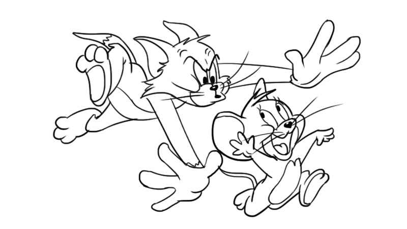 猫和老鼠简笔画(追老鼠的眼睛、嘴巴、耳朵、鼻子、脚、尾巴以及头顶的头发)