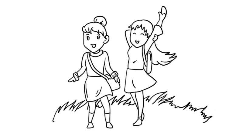 踏青简笔画(画出女孩的头部、发型、双手和身体部分)