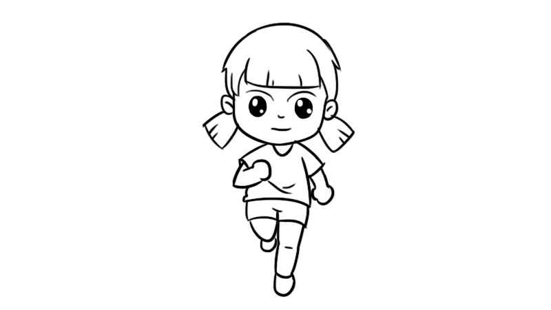 跑步简笔画(先画出小女孩的头部和两个小辫子)