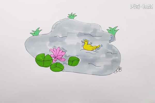 池塘简笔画(池塘里的水涂上灰色就可以了)