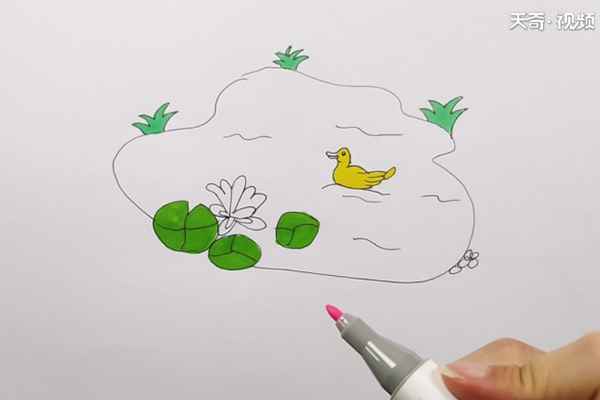 池塘简笔画(池塘里的水涂上灰色就可以了)