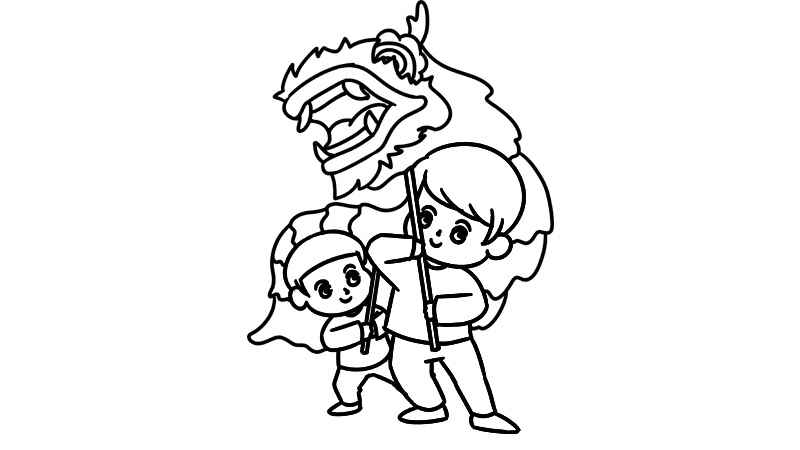 新年舞狮子简笔画(手拿棍子的小男孩怎么画)