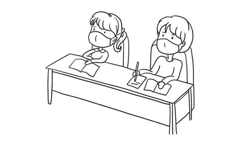 教室简笔画(画出一个小女孩戴着口罩的上半身)