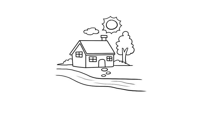 场景画简笔画画法(画一座房子;然后画一棵大树、一条路和草丛)